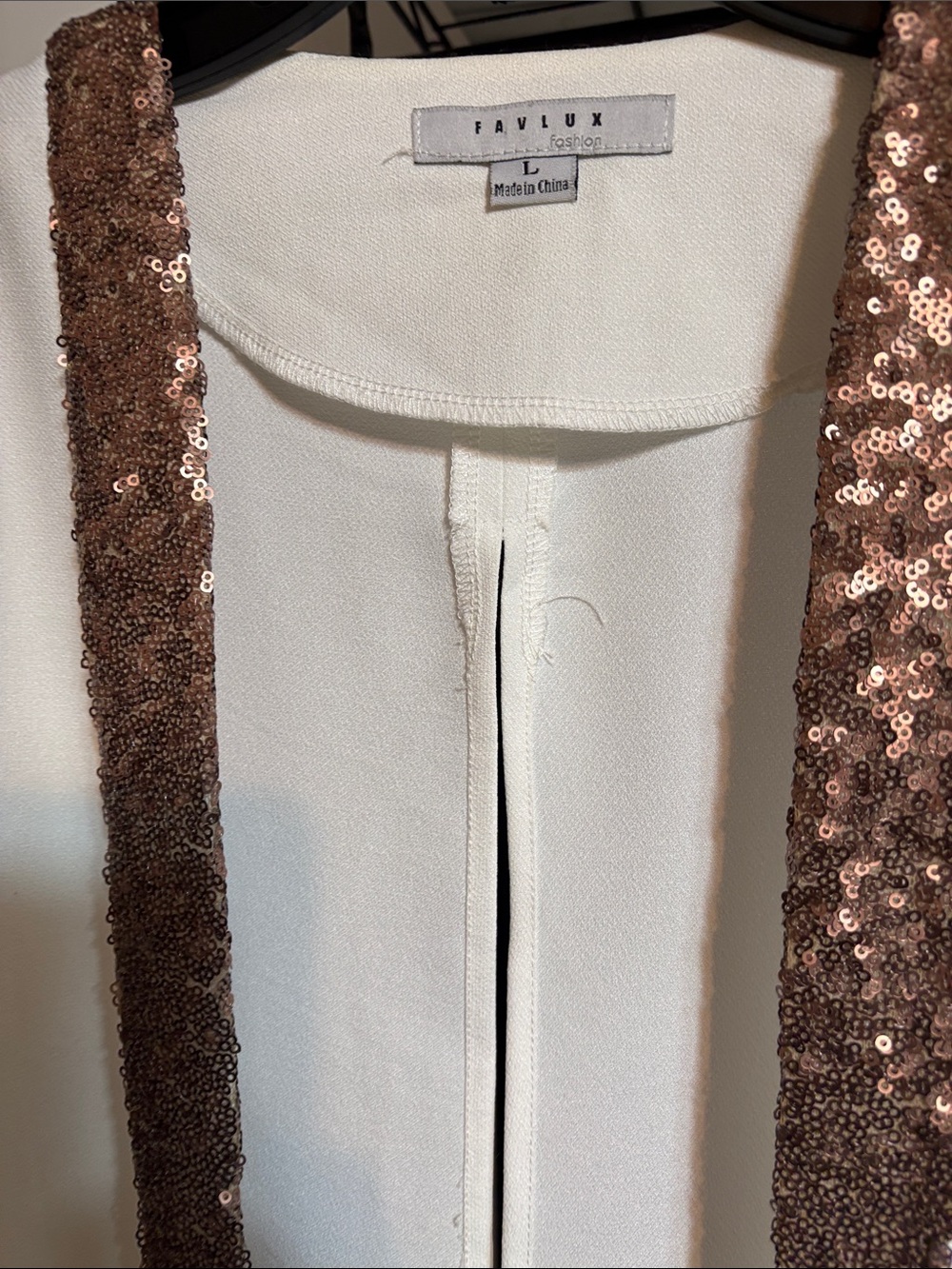 FAVLUX White Open Front Top with Rose Gold Sequin Trim